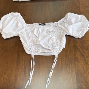 Missguided White Poplin Ruched Tie Puff Sleeve Crop Top